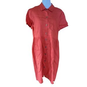 MATCH Linen Made in USA vintage Shirt Dress Coral Pink Button Short Sleeve 10